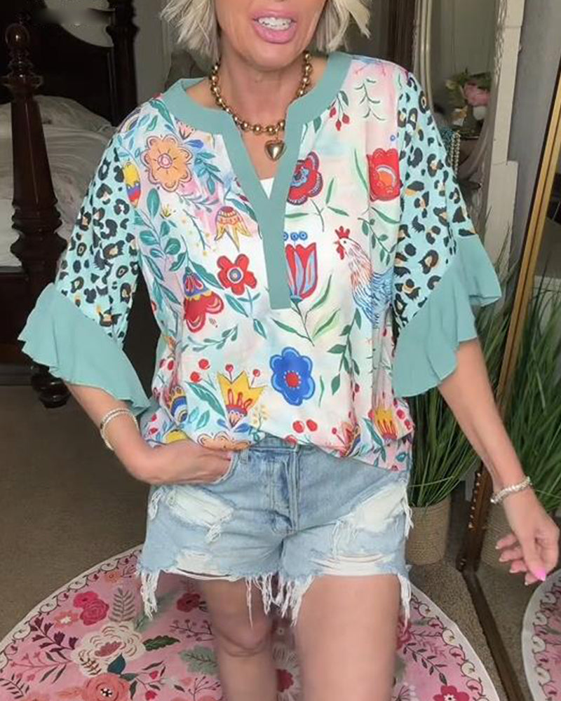 Leopard Print Ruffle Sleeve Blouse