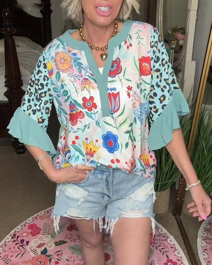 Leopard Print Ruffle Sleeve Blouse