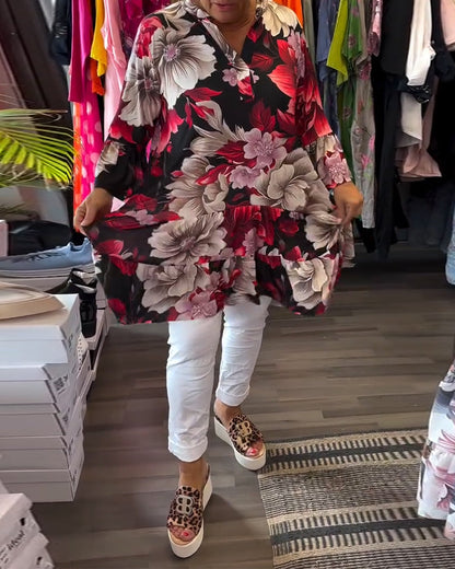 Bell - Sleeve Loose Floral Dress