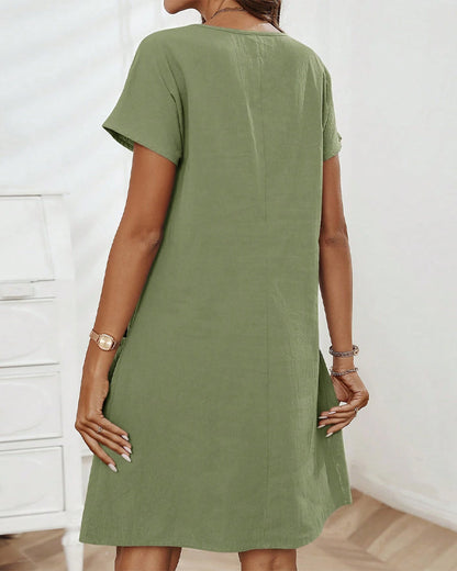 Half-Zip Short Sleeve Pocket Shift Dress