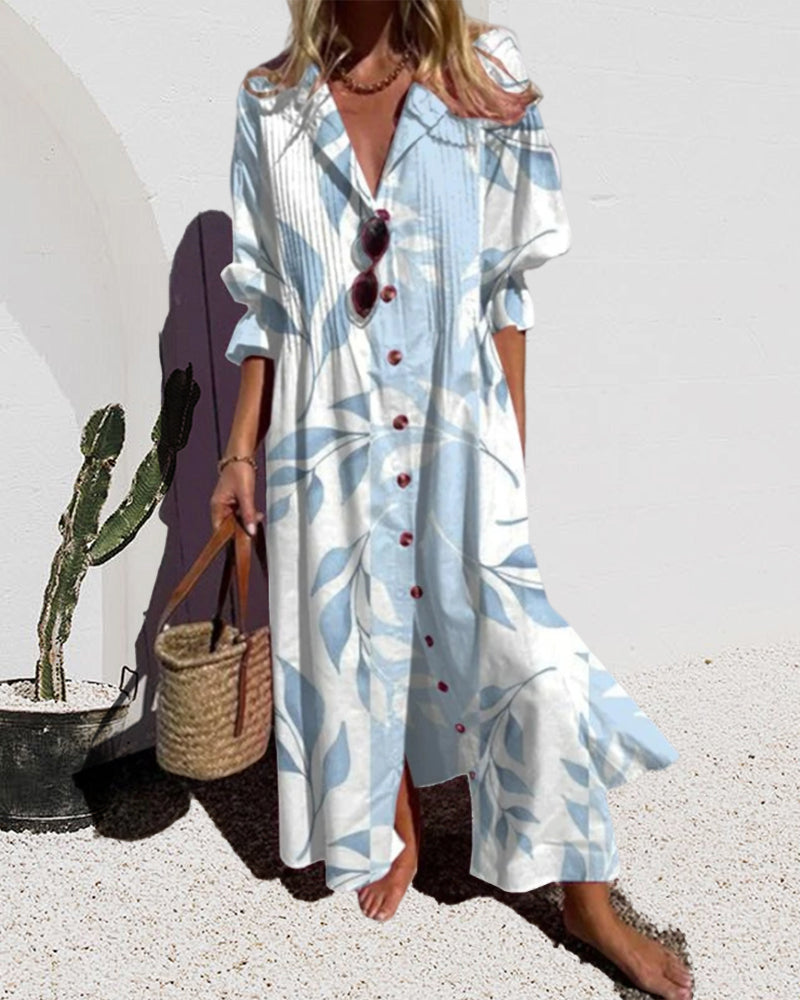 V-neck button-down printed dress spring summer vacation dresses