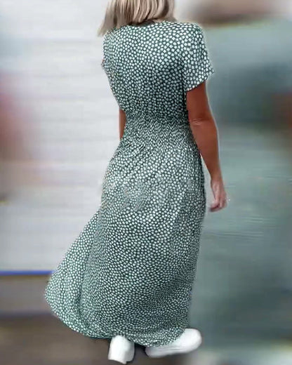 V-Neck Printed Waist Short-Sleeved Dress