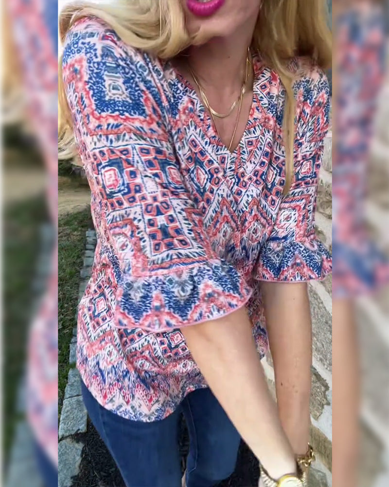 Trumpet Sleeve V-Neck Casual Blouse