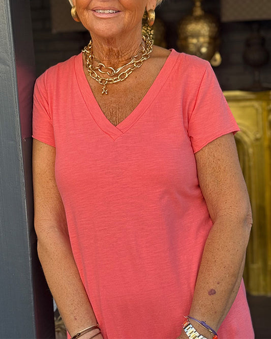 V-Neck Solid Color Short-Sleeved Long Dress