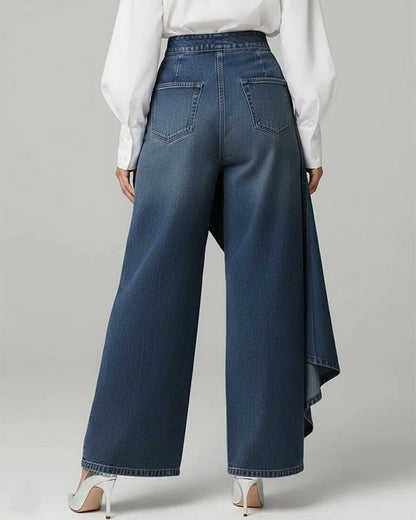 Asymmetrical Wrap Denim Wide-Leg Pants