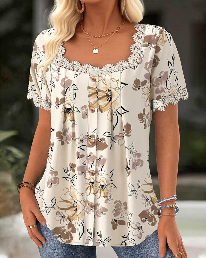 Square Neck Casual Pleated Printed Blouse