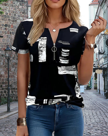 Half-Zip Printed Short-Sleeved Blouse