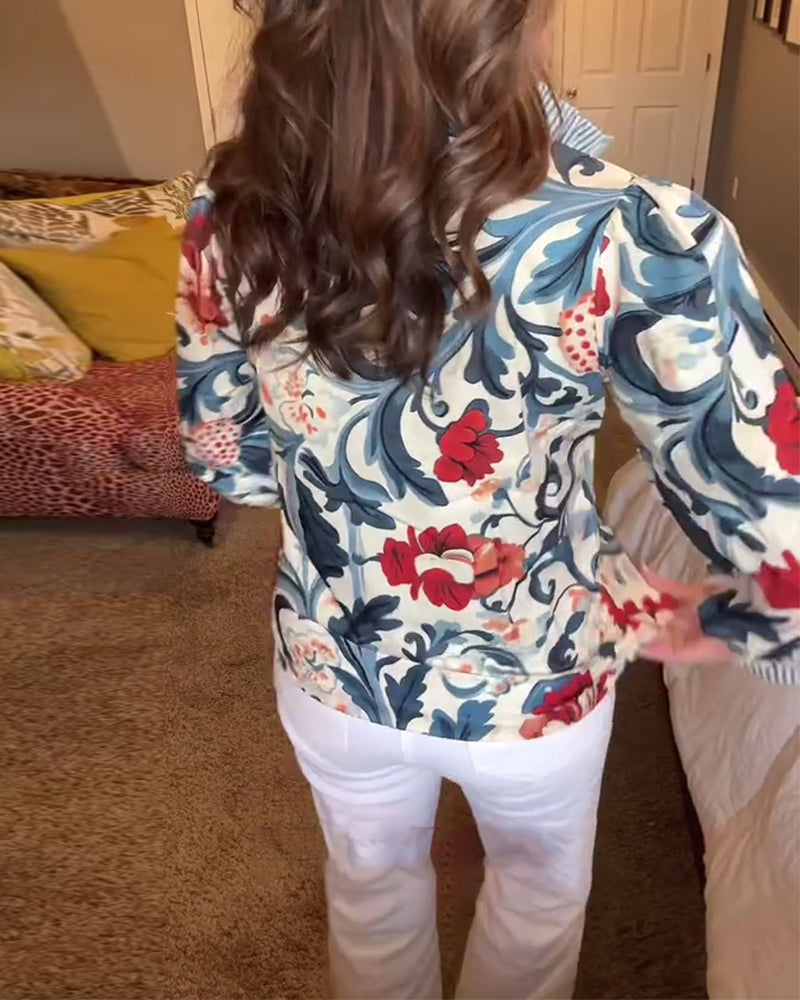 Puff Sleeve Floral Striped Blouse