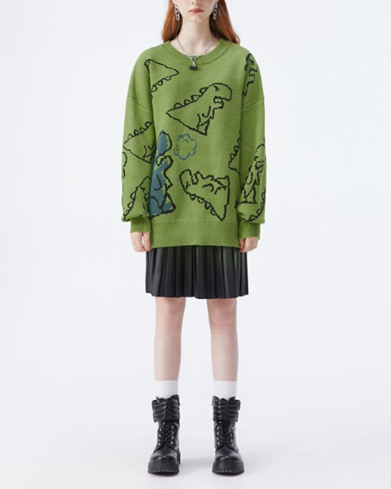 Dinosaur pattern crew neck casual sweater 2024 f/w pullovers