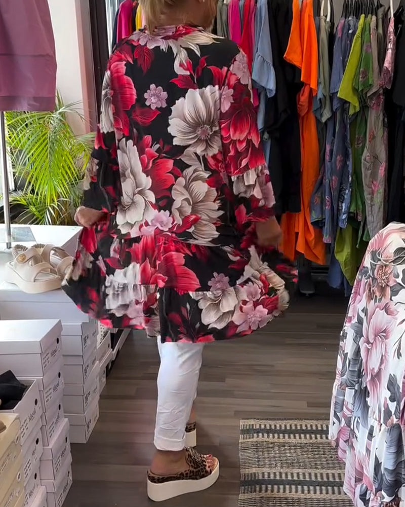 Bell - Sleeve Loose Floral Dress