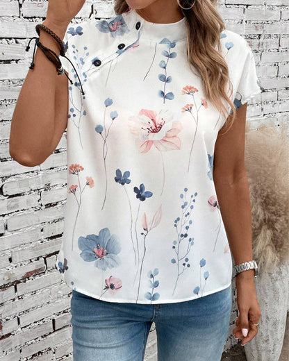 Floral print stand collar short sleeve top