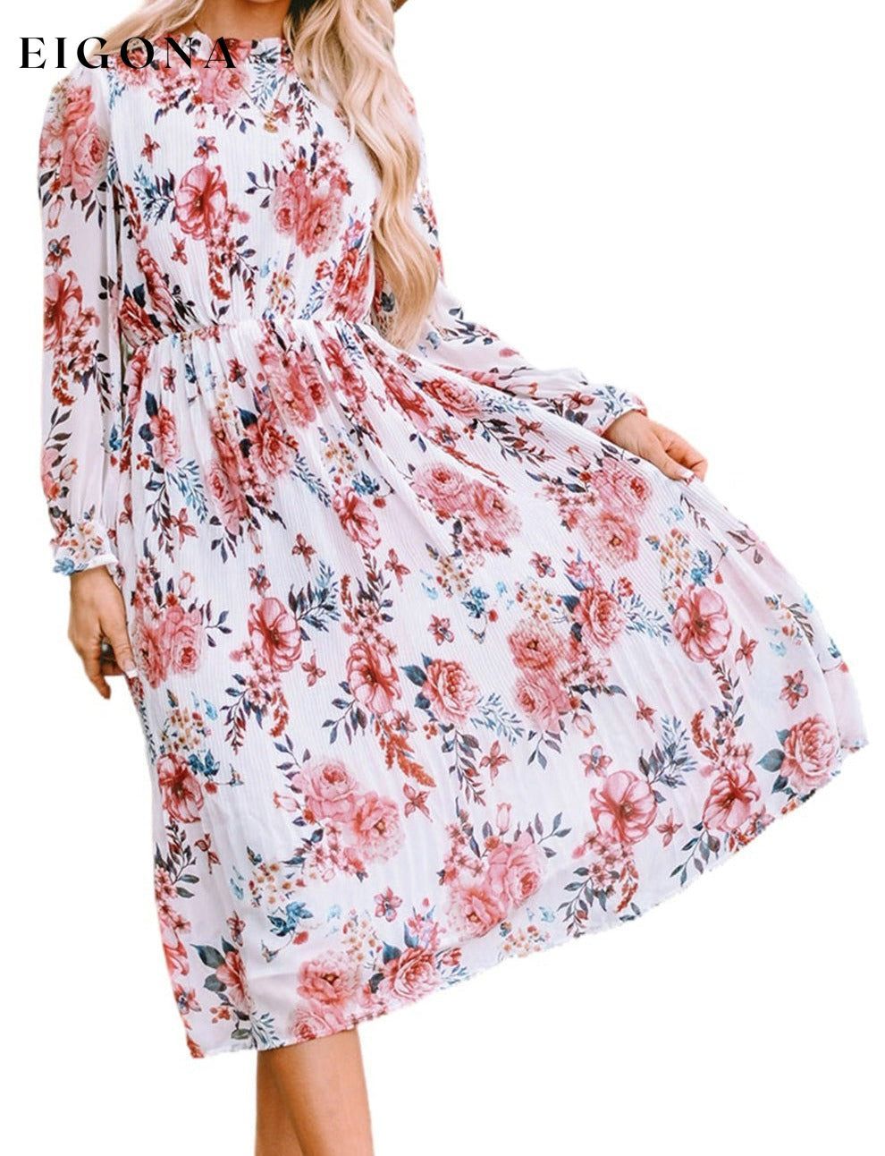 Beige Floral Print Puffy Sleeve Ruffled Midi Dress All In Stock clothes Color Pink DL Chill Out DL Exclusive dress dresses long dress long dresses Occasion Vacation Print Floral Season Spring Sleeve Puff sleeve Style Bohemian