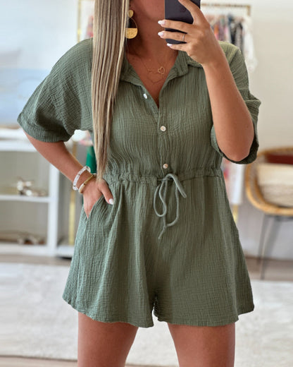 Solid Color Lapel Pleated Jumpsuit