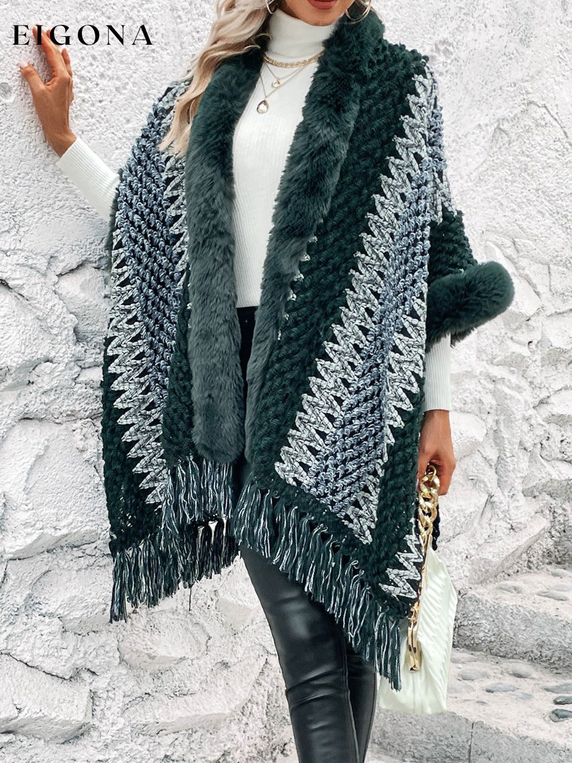Striped Fringe Hem Poncho Sweater cardigan cardigans clothes Outerwear Ship From Overseas Shipping Delay 09/30/2023 - 10/03/2023 Sounded Sweater sweaters