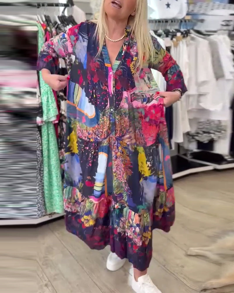 Abito a trapezio con stampa ampia e maniche a tromba