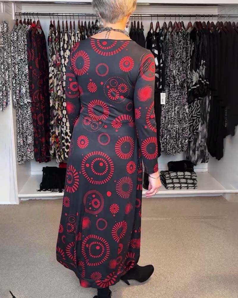 Vintage printed round neck long sleeve slit dress 2024 f/w casual dresses