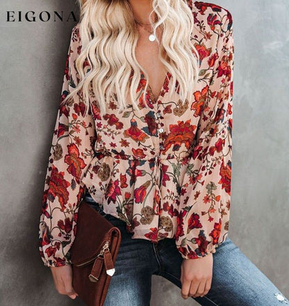 Multicolour Floral Frilled V Neck Drawstring Peplum Blouse clothes long sleeve shirt long sleeve shirts long sleeve top long sleeve tops shirt shirts top tops