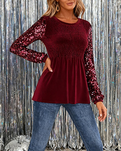 Sequined Crew Neck Paneled Top