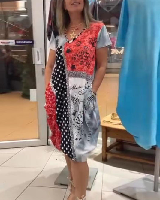 Printed Polka Dot Contrast Pocket Dress