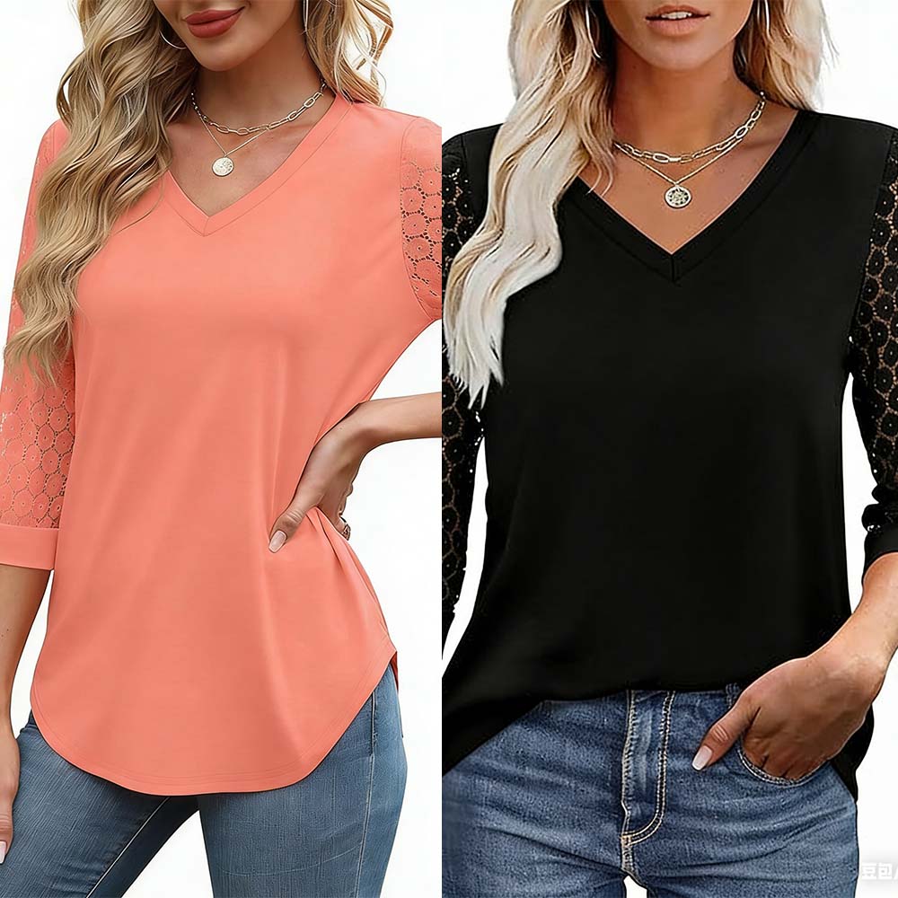 Hollow Three-Quarter Sleeve Solid Color Top Set