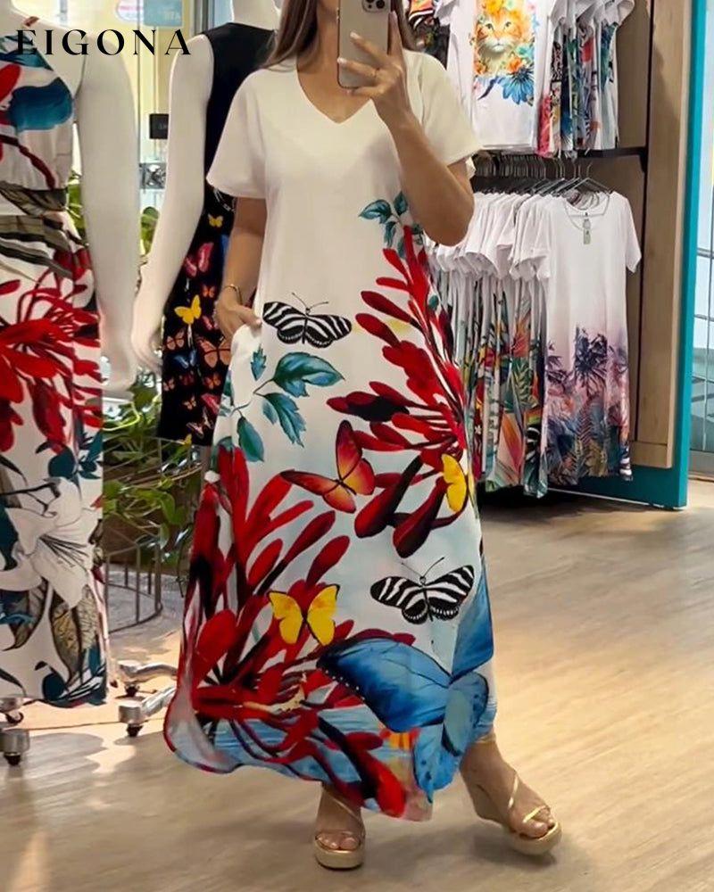 Butterfly print V-neck casual long dress casual dresses spring summer