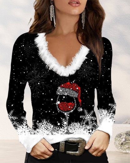 Printed V neck Long Sleeve Top 2023 f/w 23BF blouse&shirts Blouses & Shirts chrismas