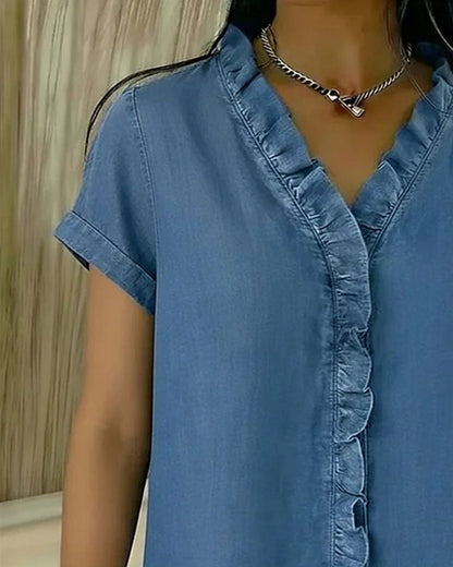 Ruffled V-Neck Denim Short-Sleeved Top
