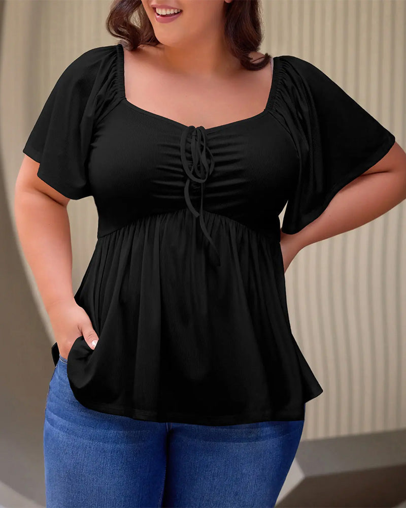 Large Size Square Neck Bubble Sleeve T-Shirt