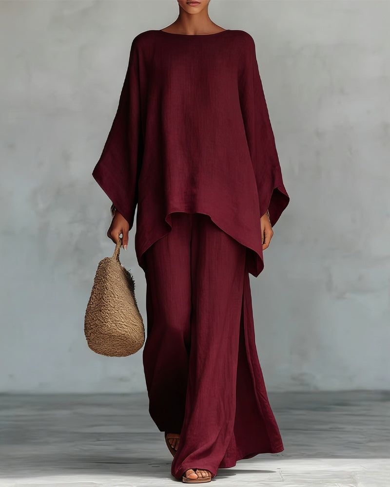 Solid color shirt and wide-leg pants suit