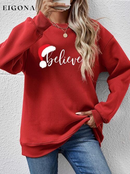 BELIEVE Graphic Long Sleeve Holiday Christmas Sweatshirt Deep Red Changeable christmas sweater clothes Ship From Overseas