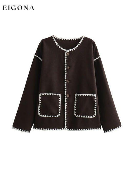 Contrast Button Up Jacket with Pockets Chocolate clothes K&BZ Ship From Overseas