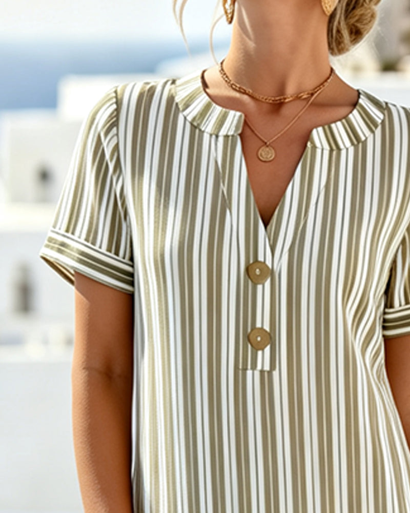 Short-Sleeved V-Neck Striped Dress