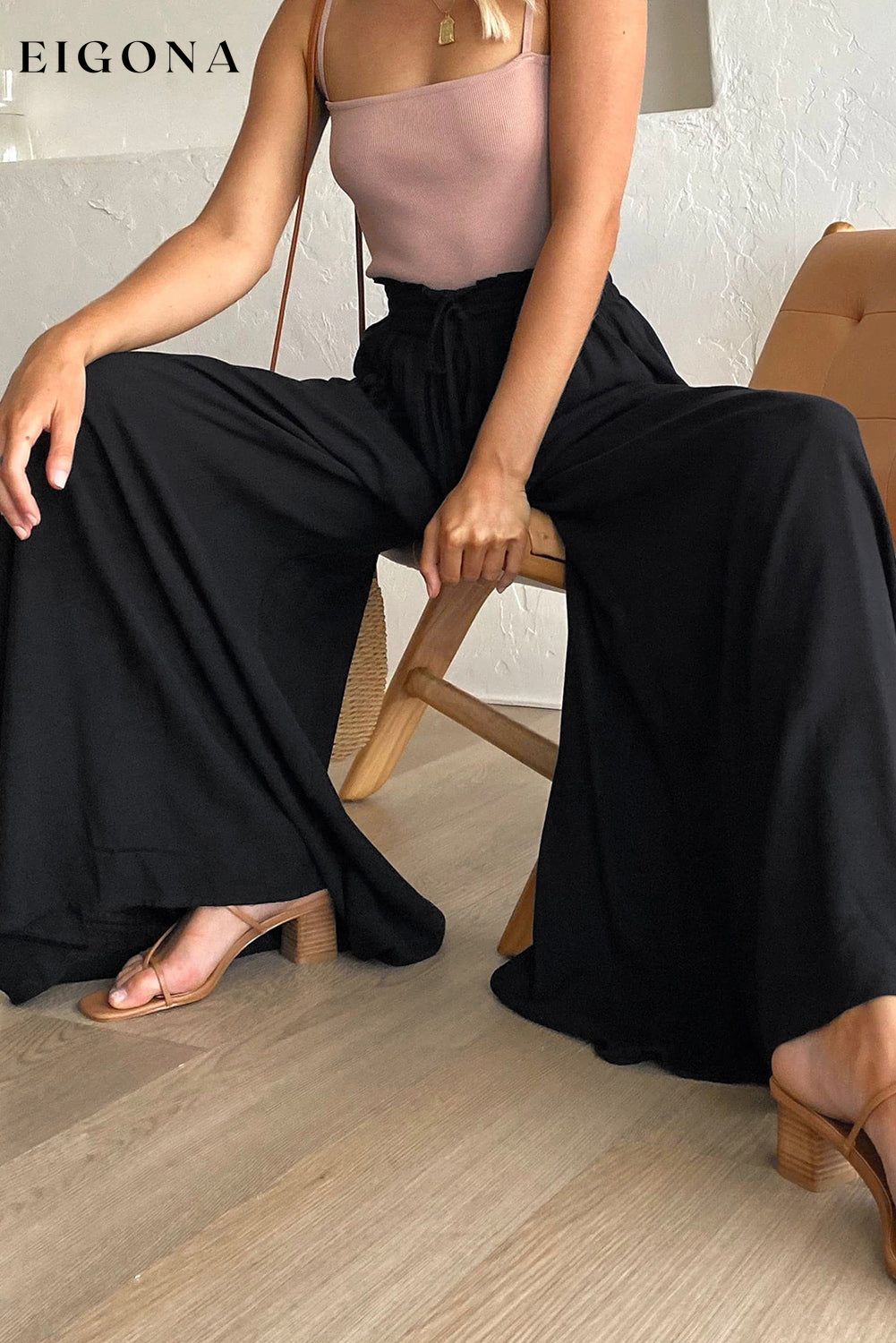 Black Drawstring Smocked High Waist Wide Leg Pants All In Stock bottoms clothes clothing Occasion Vacation Print Solid Color Season Summer Silhouette Wide Leg Style Casual wide leg pants Women's Bottoms