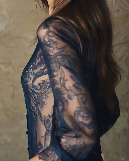 Fashionable Lace-Trimmed Printed Blouse