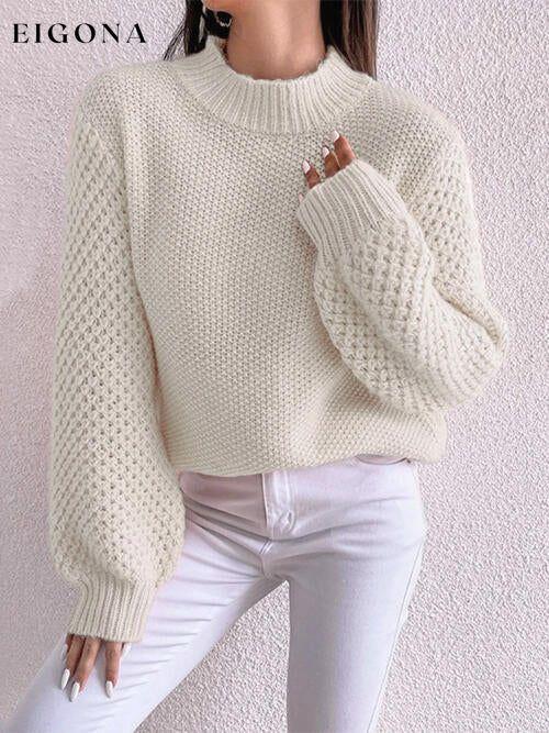 Openwork Mock Neck Long Sleeve Sweater Cream clothes Ship From Overseas sweater sweaters Sweatshirt X.W