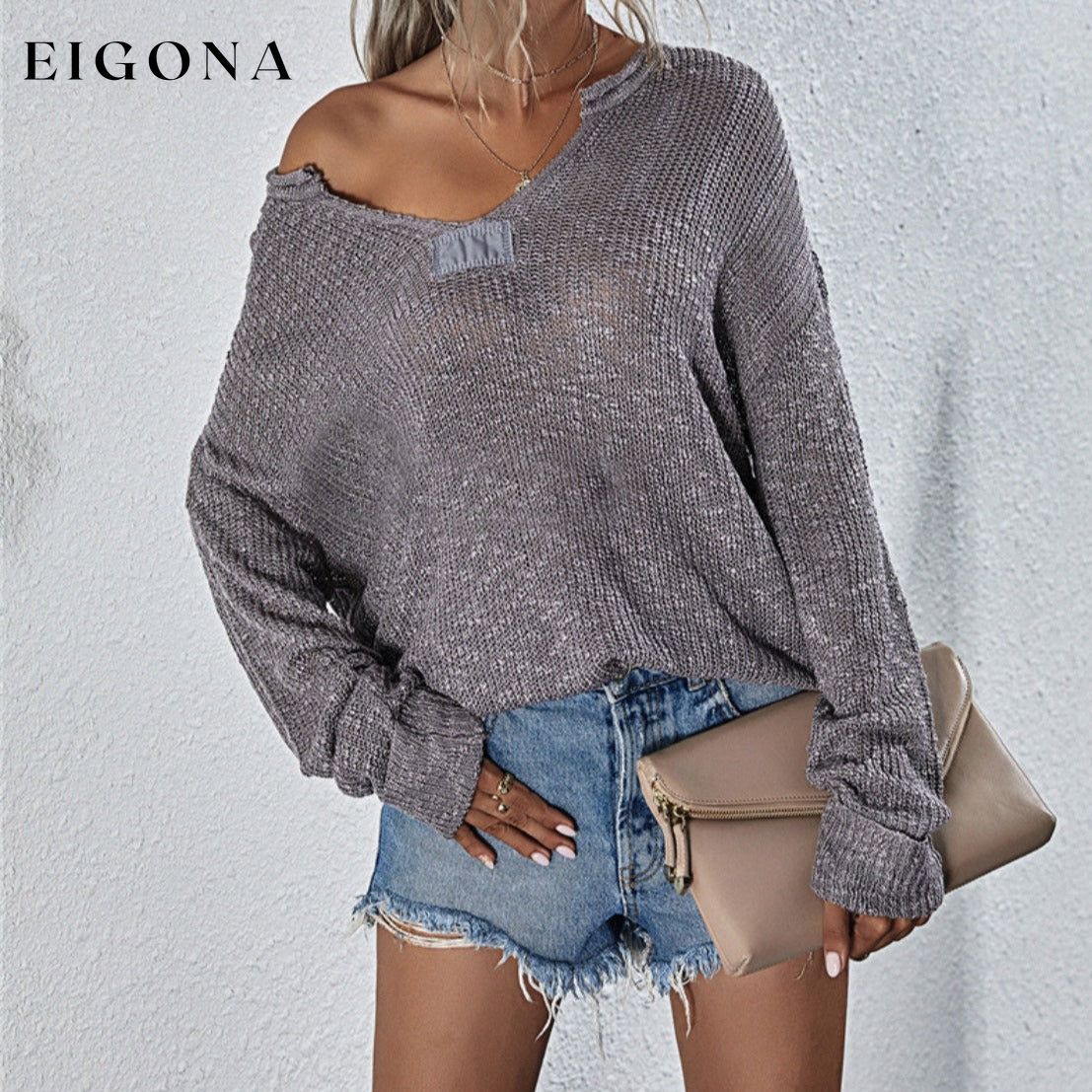 Notched Neck Slit Knit Top Heather Gray clothes J&Q long sleeve shirt long sleeve shirts long sleeve top long sleeve tops Ship From Overseas Shipping Delay 09/29/2023 - 10/04/2023 shirt shirts top tops