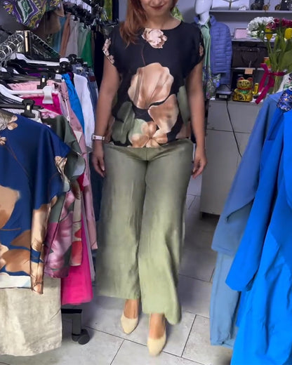 Round Neck Floral Print Short Sleeve Blouse