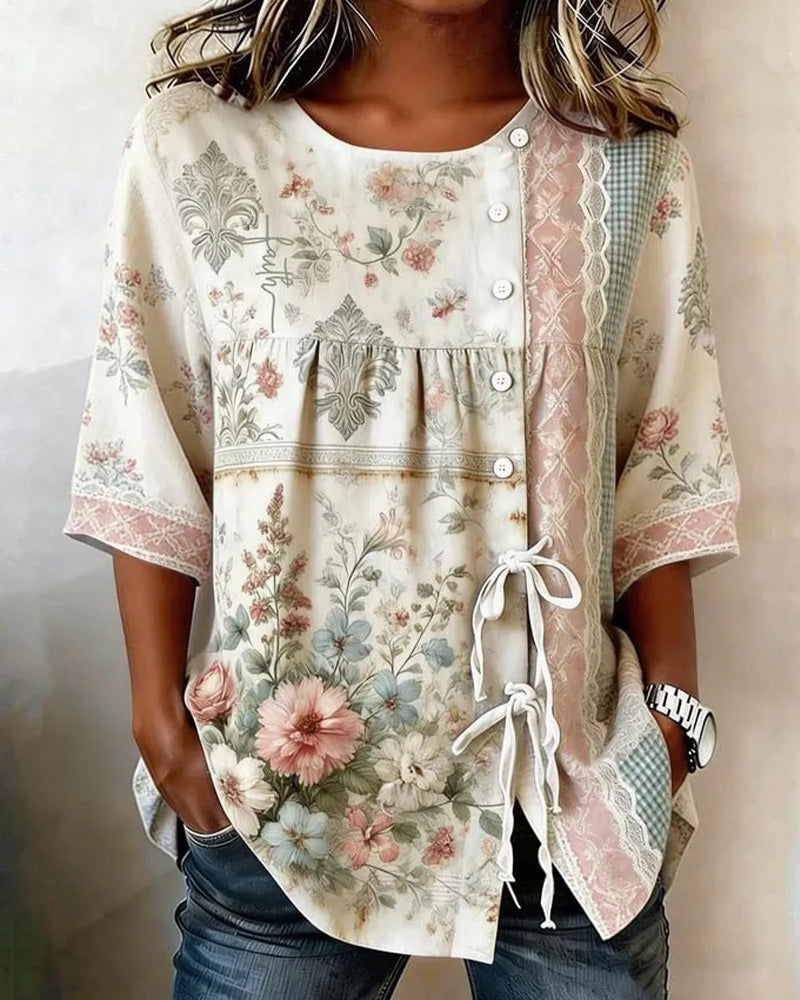 Retro Floral Print Casual Blouse