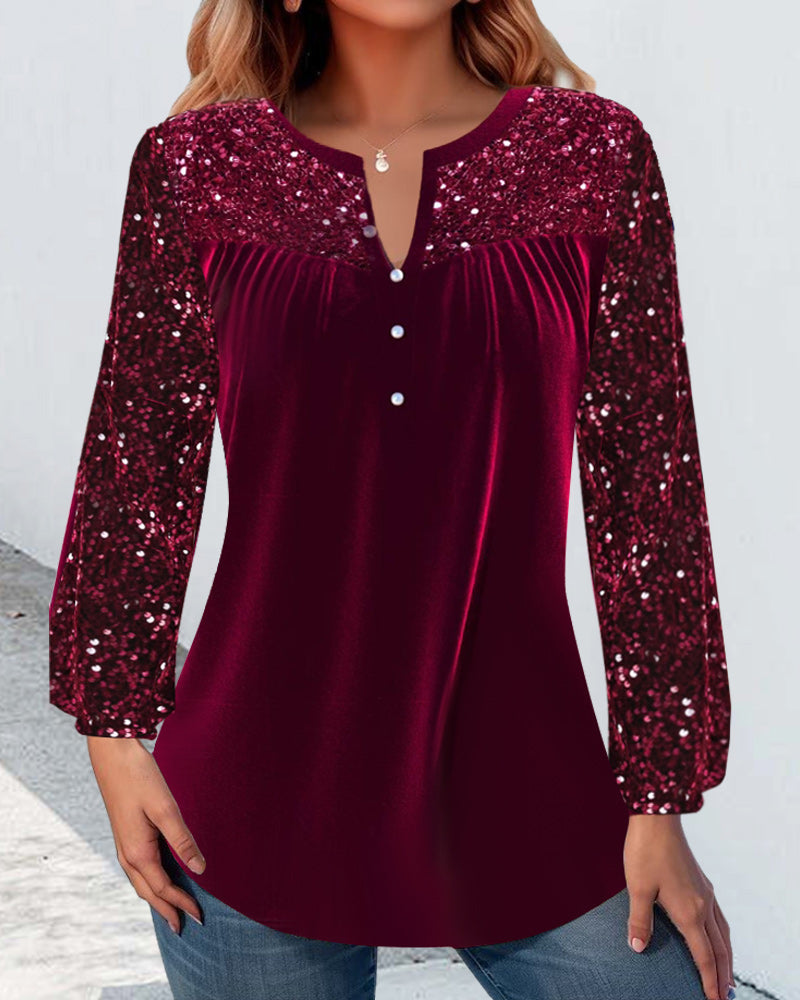 V-neck pleated sequined elegant top 2024 f/w blouses & shirts christmas