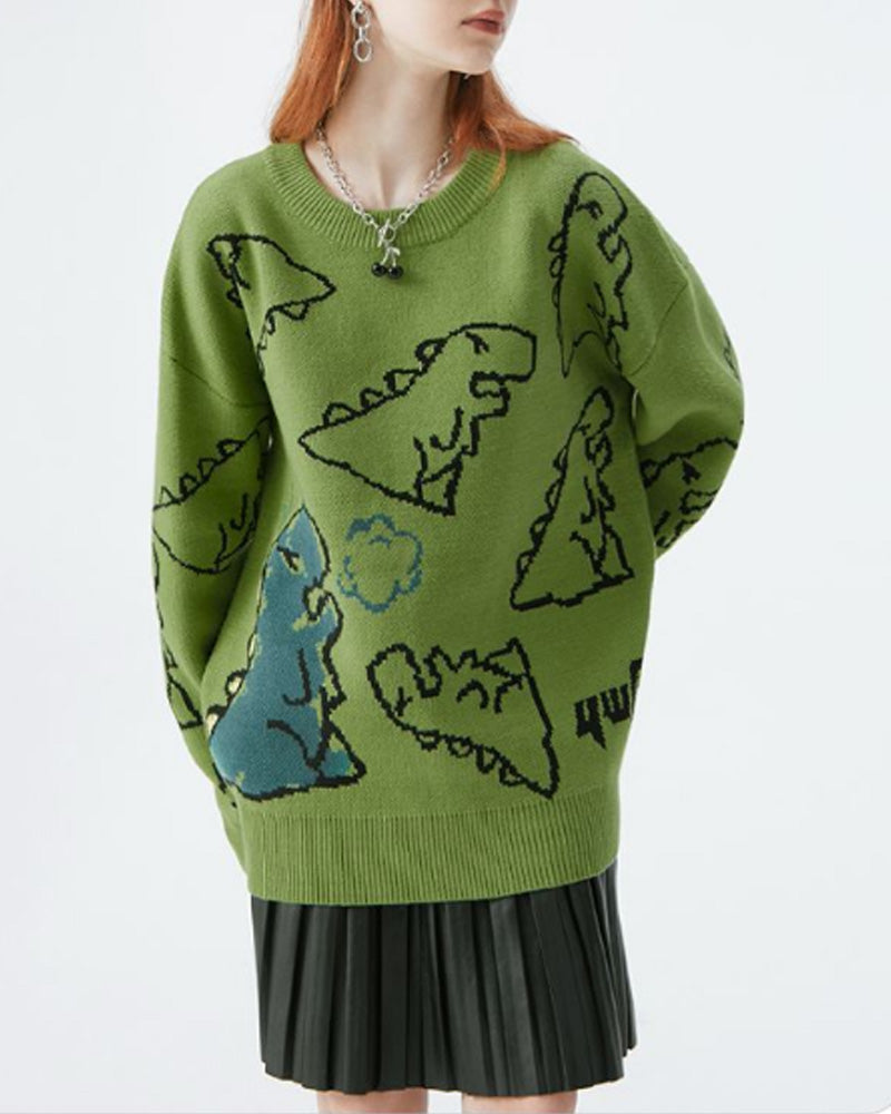 Dinosaur pattern crew neck casual sweater 2024 f/w pullovers