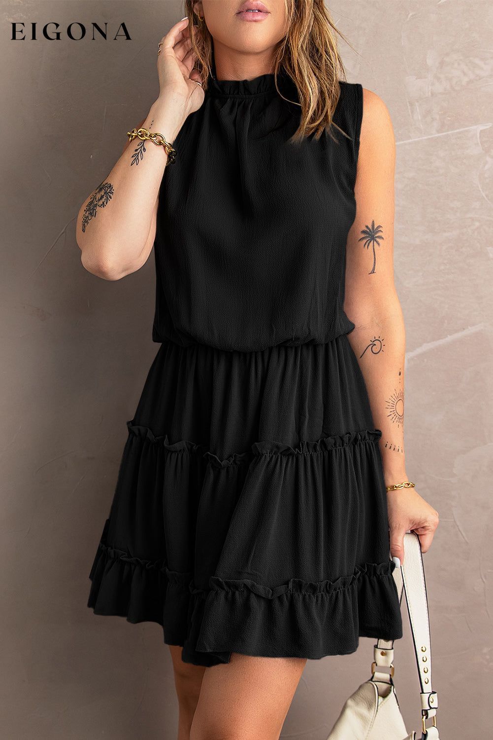 Tie Neck Frill Trim Sleeveless Mini Dress clothes dress dresses mini dress Ship From Overseas SYNZ