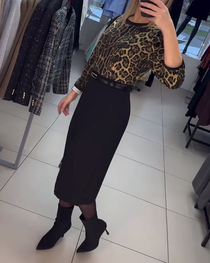 Puff Sleeve Leopard Print Slit Dress 2024 f/w casual dresses