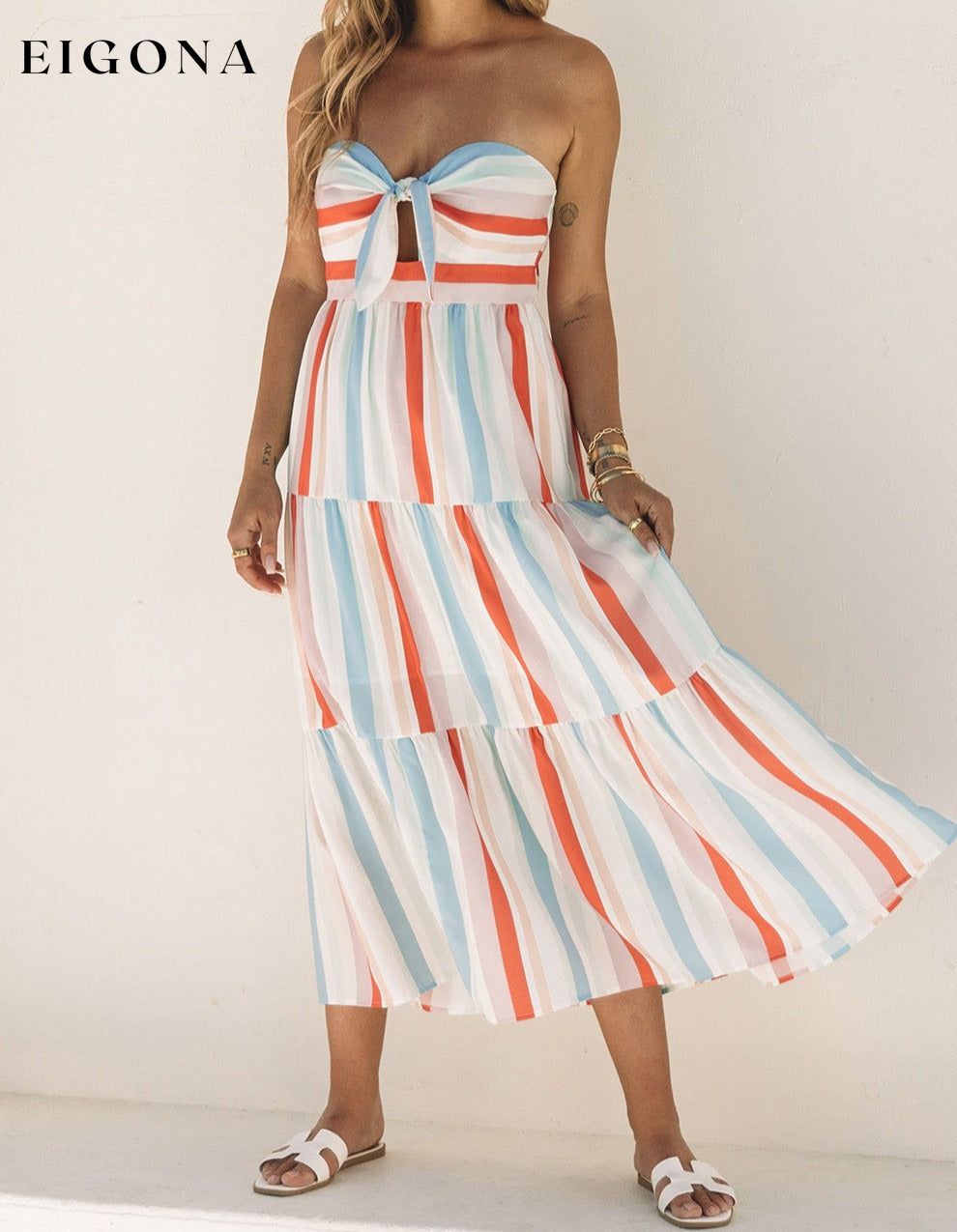 Multicolor Striped Tie Decor Strapless Tiered Maxi Dress casual dress casual dresses clothes Collar One Shoulder DL Exclusive dress dresses midi dress Occasion Vacation Print Color Block Season Summer Sleeve Sleeveless Style Casual