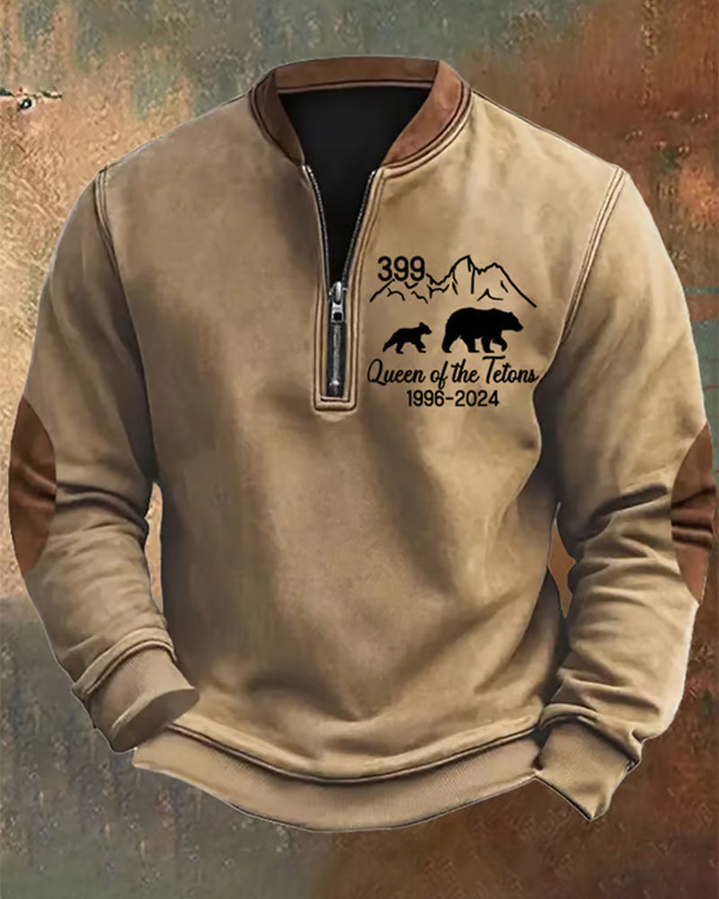 Men's Vintage Zipper Grizzly 399 The Queen Of The Tetons 1996-2024 Print Sweatshirt cute animals hoodies man