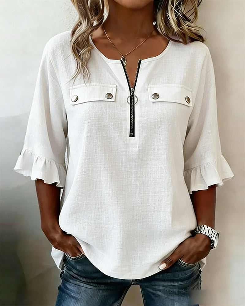 Zippered Three-Quarter Sleeve Ruffle Blouse