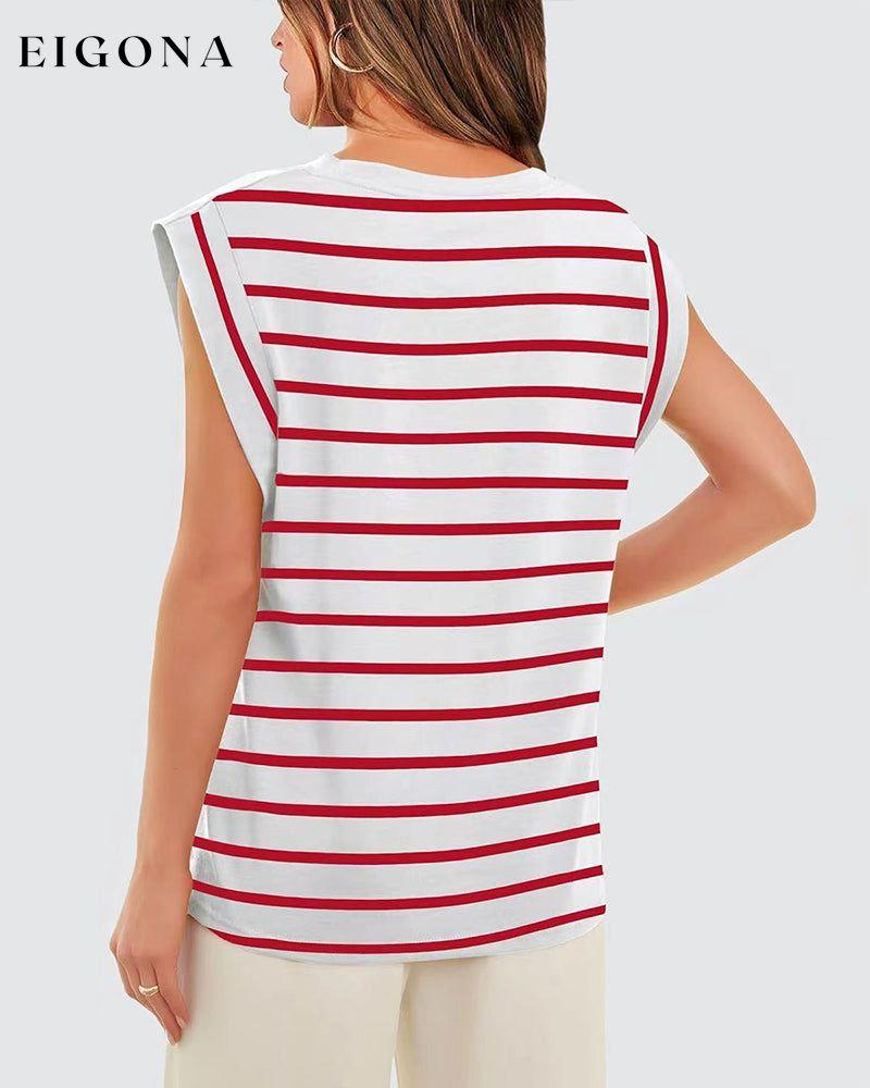 Casual striped print round neck sleeveless top blouses & shirts spring summer