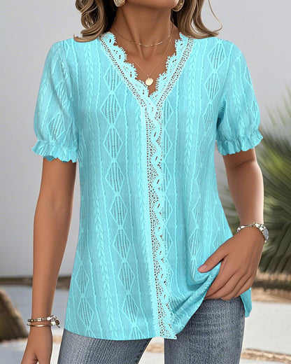 V-Neck Hollow Lace Solid Color Short-Sleeved Blouse
