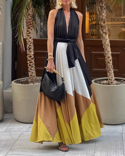 Sexy Deep V Halter Neck Contrast Print Long Dress