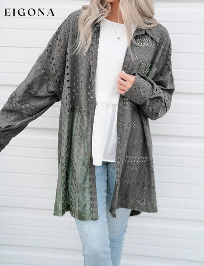 Duffel Green Eyelet Pattern Patchwork Oversized Button Up Shacket All In Stock clothes Craft Embroidery long sleeve shirt long sleeve shirts long sleeve top long sleeve tops Outerwear Print Solid Color Season Fall & Autumn shirt shirts Style Western top tops