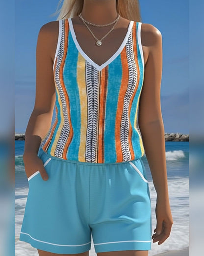 V-Neck Printed Tankini Swimsuit